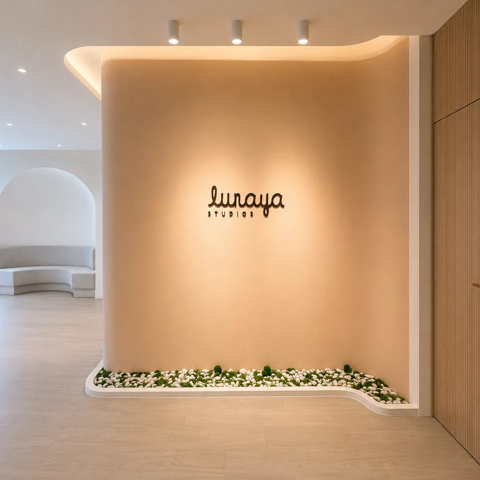 The Lunaya Studios wordmark on the wall of the arched entryway